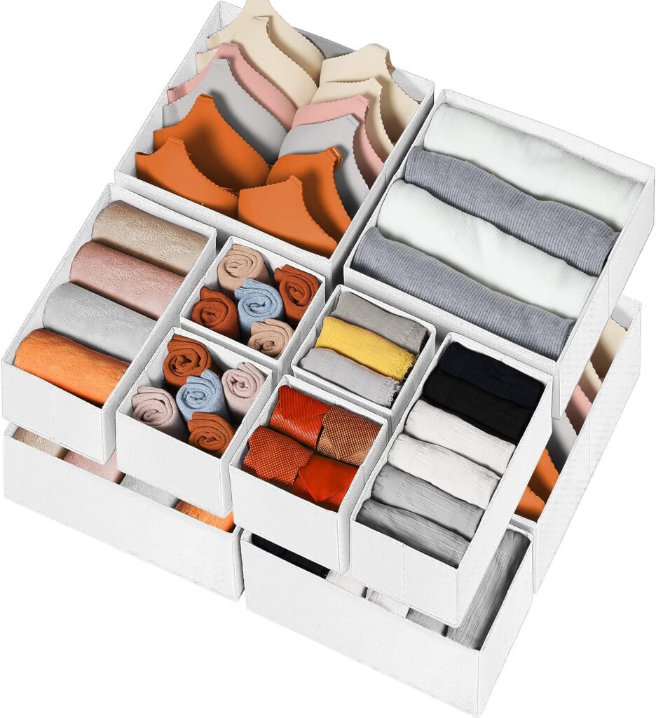 12 Pack Drawer Organizers for Clothing, Foldable Fabric Closet Organizers and Baby Nursery Storage Dresser Drawer Dividers for Socks, Underwear, Bras, Belt, Tie, College Dorm Room Essentials