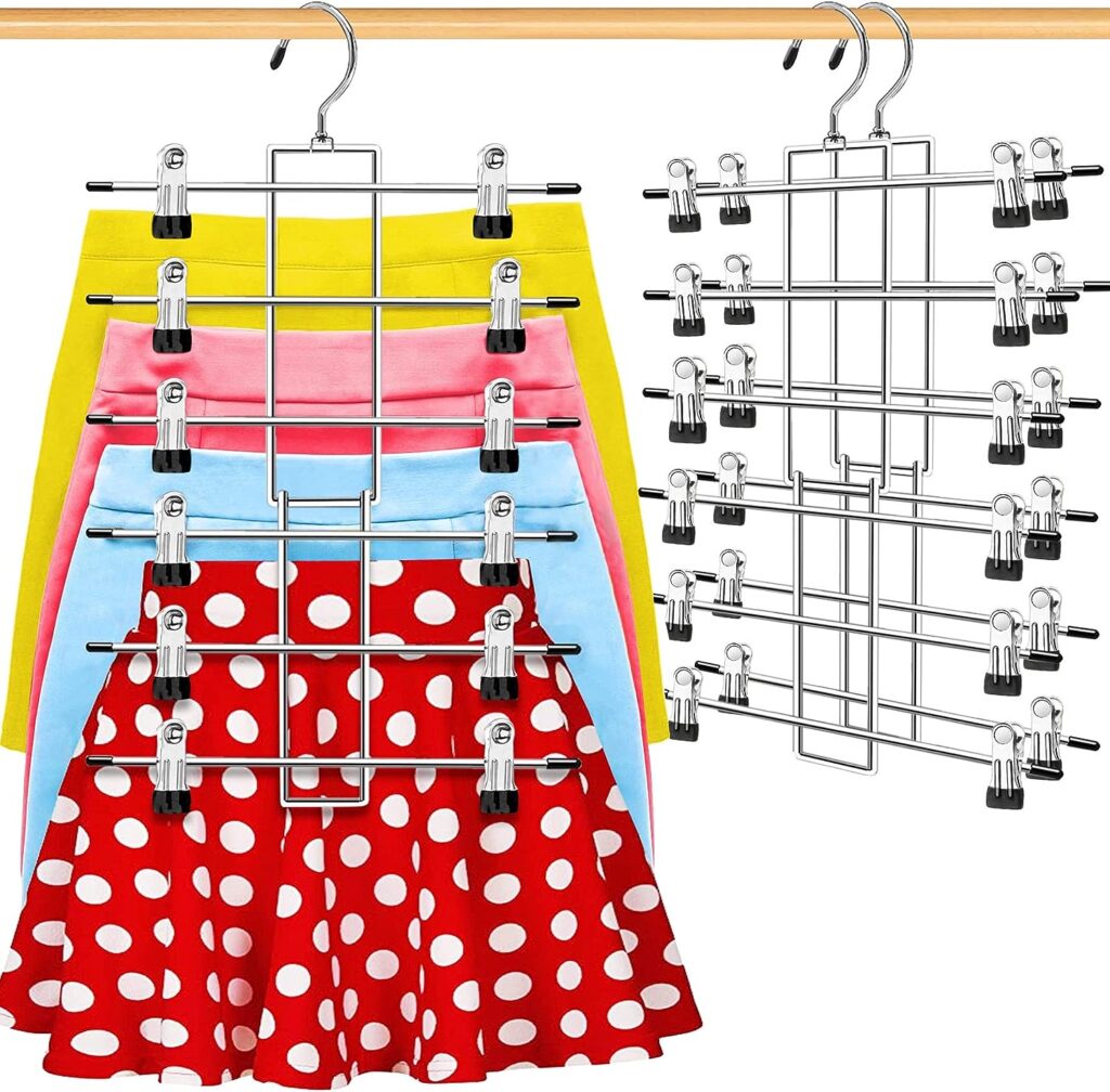 6 Tier Closet-Organizer-Pants-Hangers-Space-Saving,Metal Closet-Organizers-and-Storage,3 Pack Organization and Storage Short Skirt Hangers Cilp,Dorm Room Essentials for College Students Girls Boys Guy