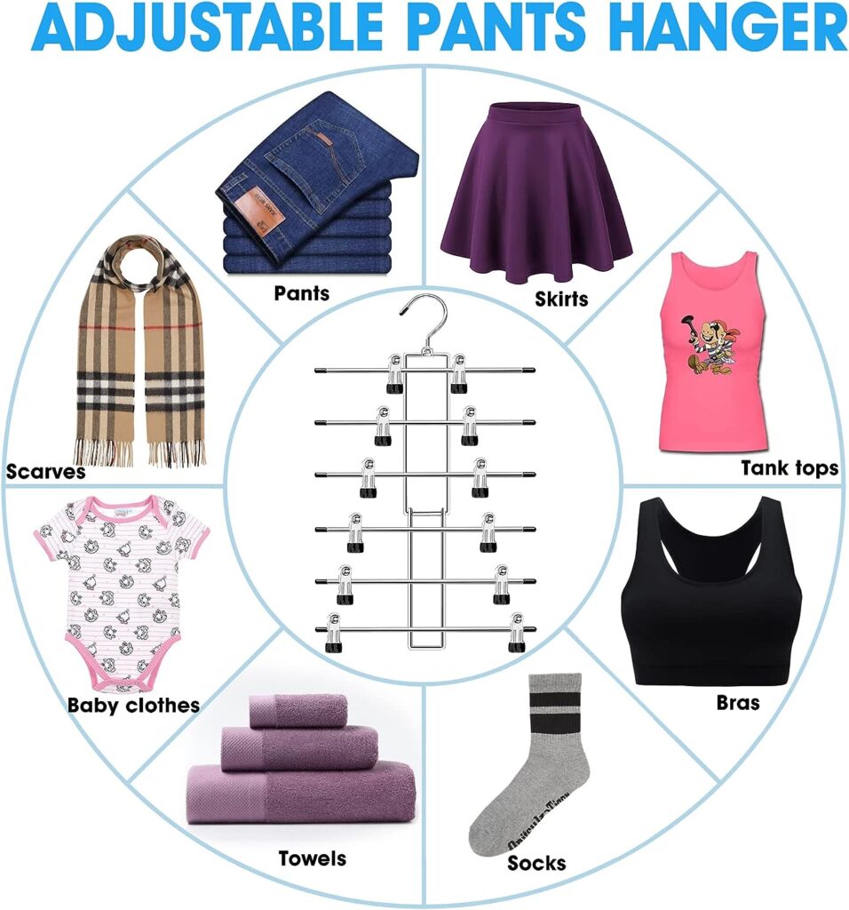 6 Tier Closet-Organizer-Pants-Hangers-Space-Saving,Metal Closet-Organizers-and-Storage,3 Pack Organization and Storage Short Skirt Hangers Cilp,Dorm Room Essentials for College Students Girls Boys Guy