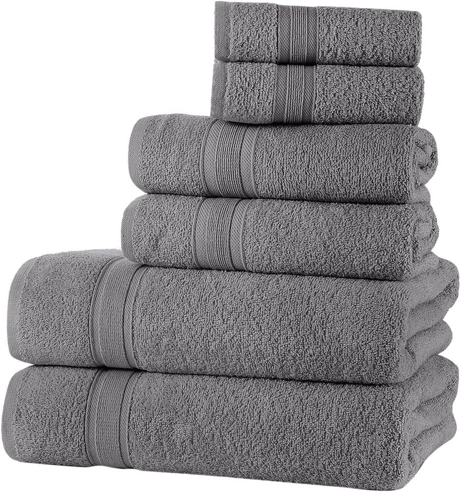 All Design Grey Bath Towels Set Quick-Dry, Soft, High Absorbent 100% Cotton Towels for Bathroom Guests Pool Gym Camp Travel College Dorm (6 Piece Towel Set, Grey)