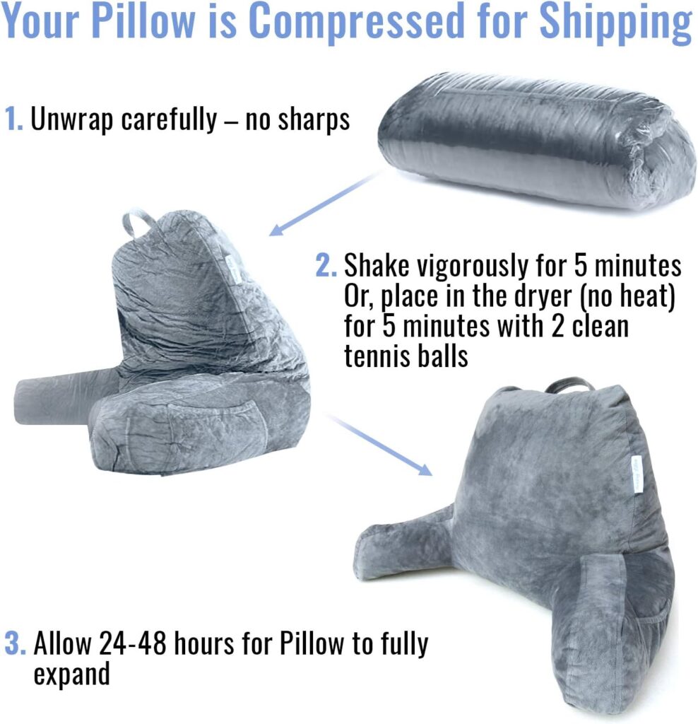 ComfortSpa Reading Pillow for Bed Adult Size, Back Rest Pillow with Arms, Pockets and Washable Cover; Use as Bed Pillows for Sitting Up in Bed for Bedrest or Relief from GERD Heartburn (Grey)