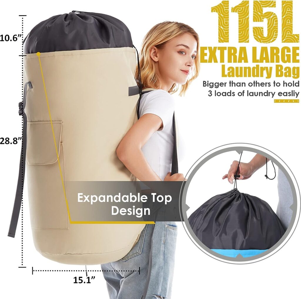 Heavy Duty Laundry Bag 115L, Sturdy Laundry Backpack Bag Extra Large, Dorm Room Essential for Guys, Khaki Laundry Bag Backpack for Camp, XL Laundromat Bag, Laundry Duffel Bag for College