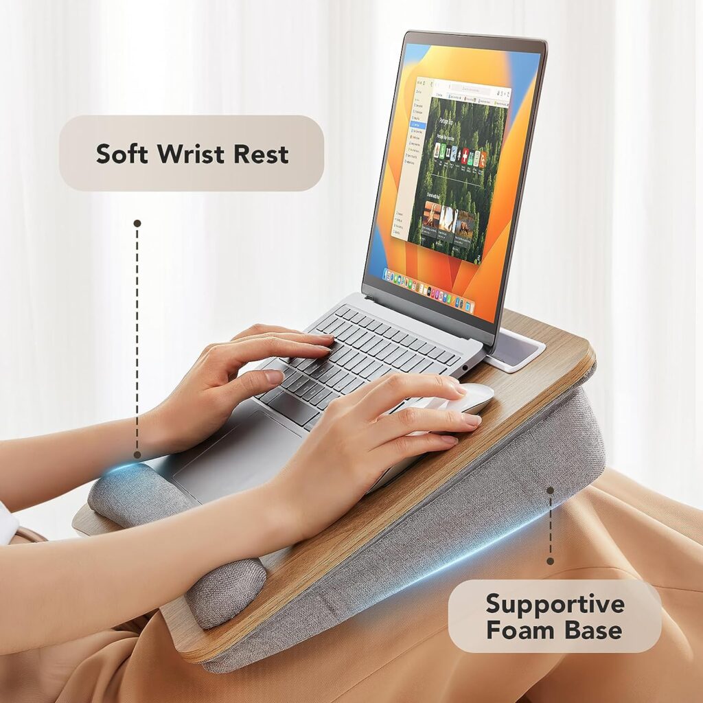 HUANUO Lap Laptop Desk - Portable Lap Desk with Pillow Cushion, Fits up to 15.6 inch Laptop, with Anti-Slip Strip Storage Function for Home Office Students Use as Computer Laptop Stand, Book Tablet