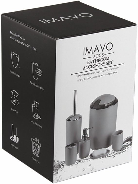 IMAVO Bathroom Accessories Set, 6-Piece Plastic Gift Set, Toothbrush Holder, Toothbrush Cup, Soap Dispenser, Soap Dish, Toilet Brush Holder, Trash Can (Grey)