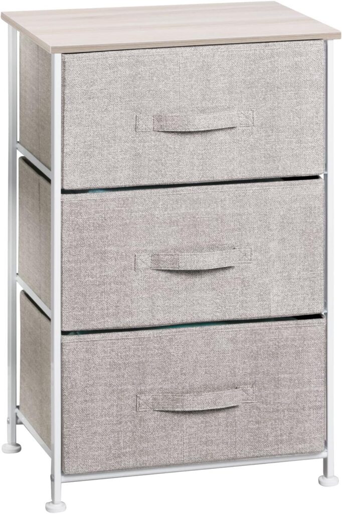 mDesign Steel Top and Frame Storage Dresser Tower Unit with 3 Removable Fabric Drawers for Bedroom, Living Room, or Bathroom - Holds Clothes, Accessories, Lido Collection - Linen/Tan