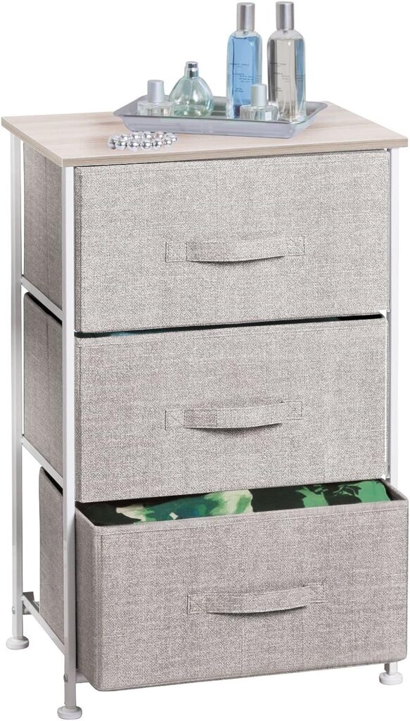 mDesign Steel Top and Frame Storage Dresser Tower Unit with 3 Removable Fabric Drawers for Bedroom, Living Room, or Bathroom - Holds Clothes, Accessories, Lido Collection - Linen/Tan