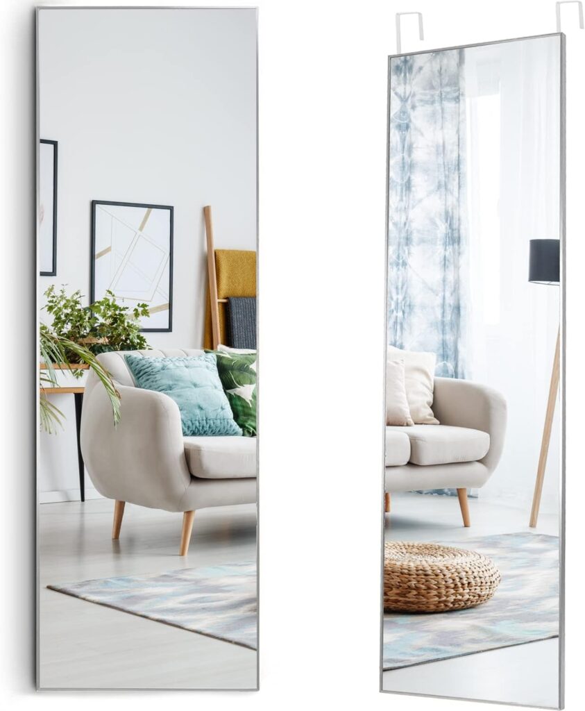 Mirrotek - Full Length Adjustable Over The Door Mirror Siver Aluminum Finish - Hanging Mirror Full Length - Instant Install Long Full Body Mirror for Bedroom, Dorm Room