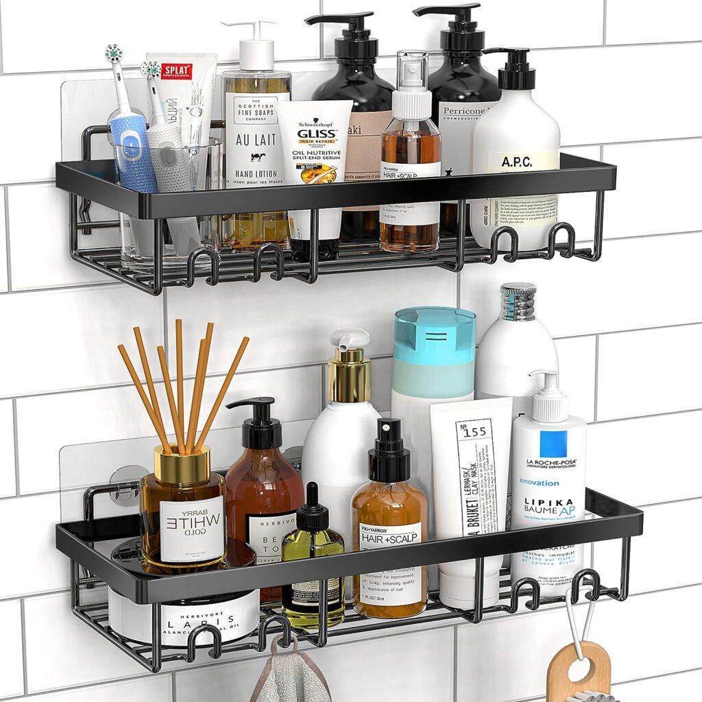 Moforoco Shower Caddy Shelf Organizer Rack, Self Adhesive Black Bathroom Shelves Basket, Home Farmhouse Wall Shower Inside Organization and Storage Decor Rv Accessories, First Apartment Essentials