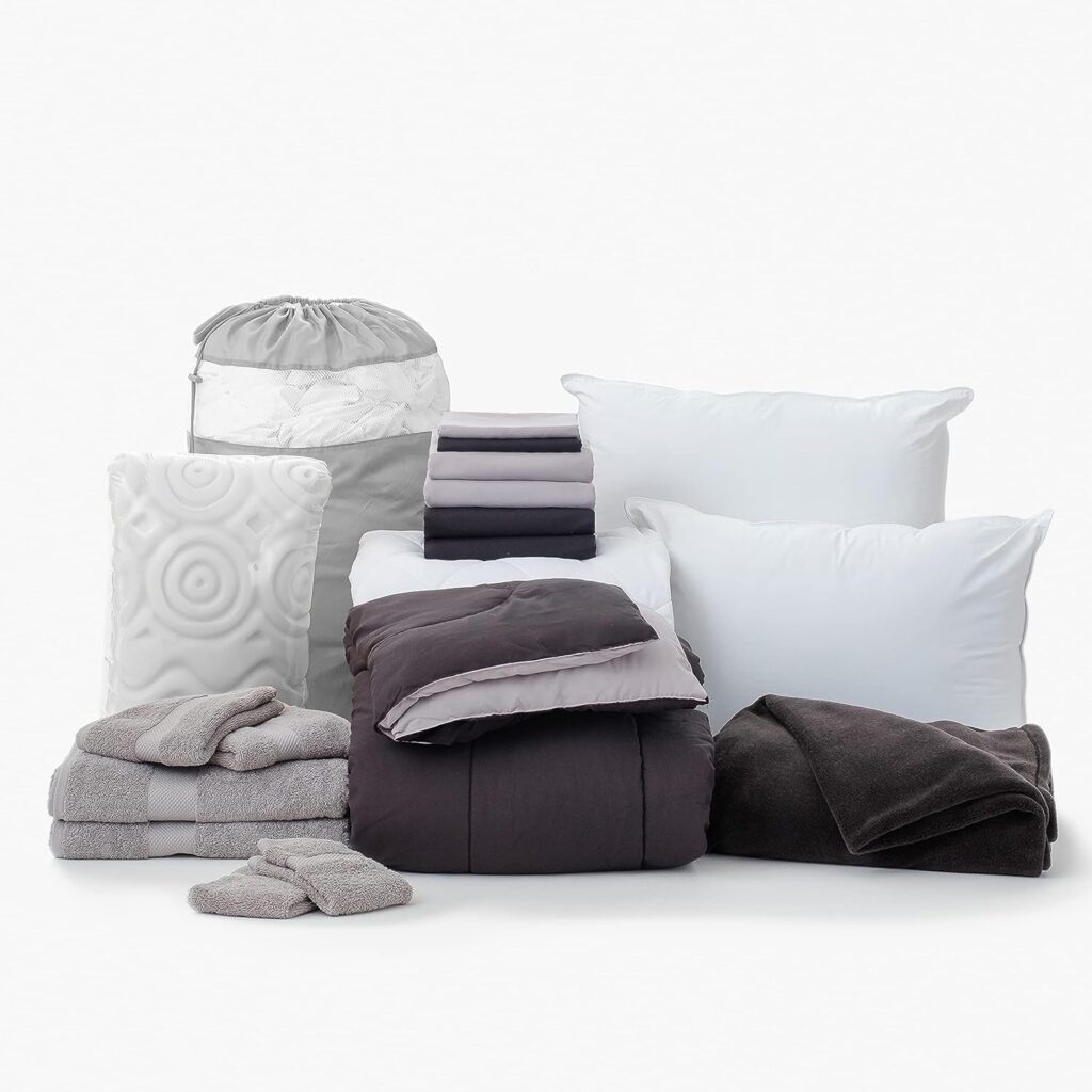 OCM Comfort Dorm Essentials Value Pack - 19 Piece Twin XL Set | Twin XL | Comforter, Sheets, Topper, Towels, Storage More | Blake Black and Gray | Classic Solids