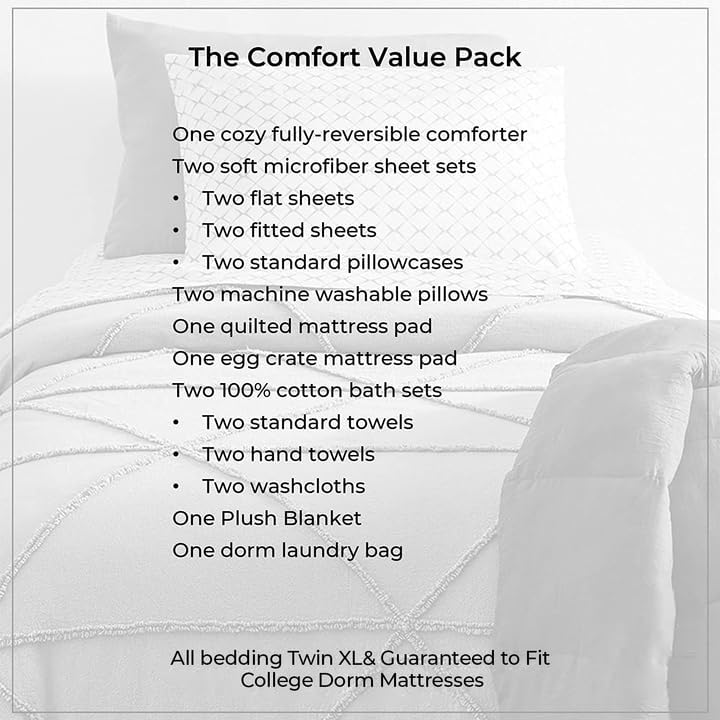 OCM Comfort Dorm Essentials Value Pack - 19 Piece Twin XL Set | Twin XL | Comforter, Sheets, Topper, Towels, Storage More | Blake Black and Gray | Classic Solids