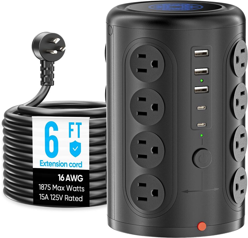 Power Strip Tower with USB C Ports, Surge Protector Tower with 16 Outlets 5 USB Ports (2 USB C), 6 FT Extension Cord, 1875W 1500J Charging Station for Home Office Desk, Dorm Room Essentials