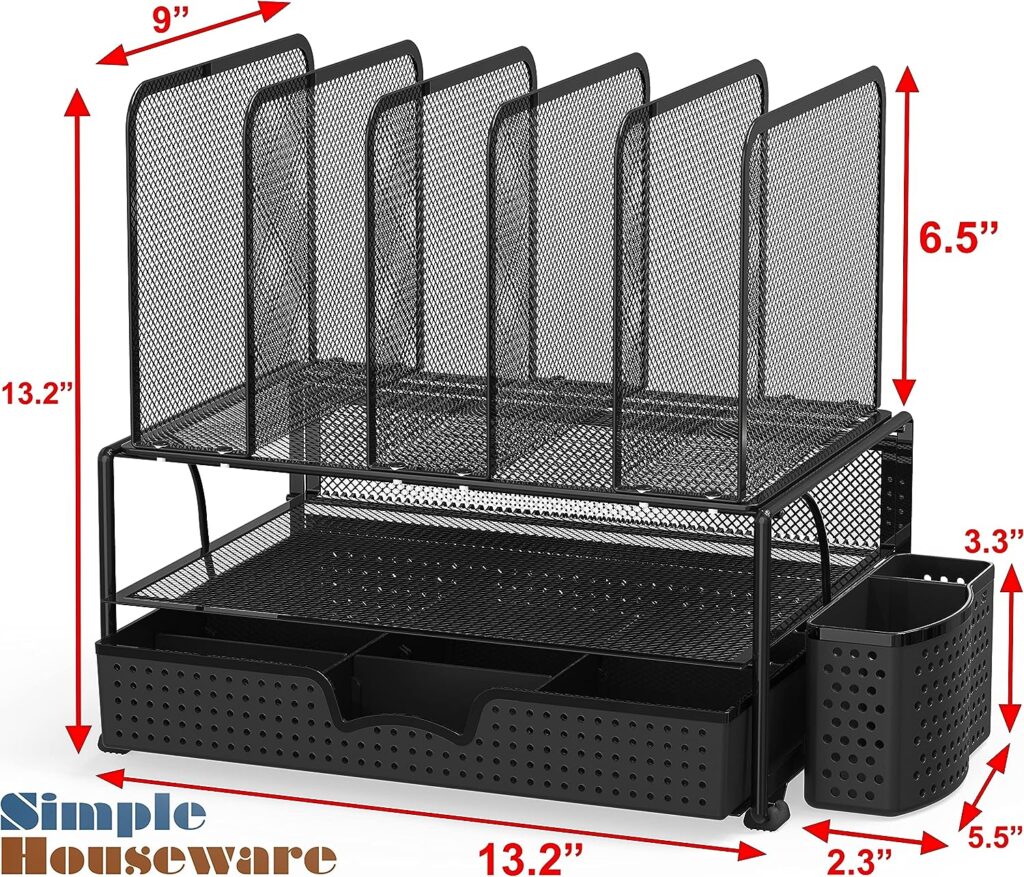 Simple Houseware Mesh Desk Organizer with Sliding Drawer, Double Tray and 5 Upright Sections, Black