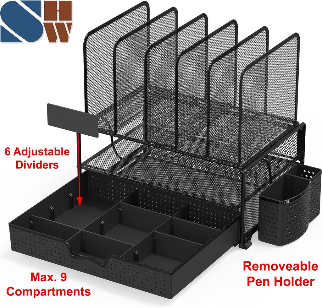 Simple Houseware Mesh Desk Organizer with Sliding Drawer, Double Tray and 5 Upright Sections, Black