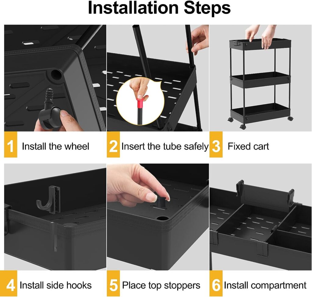 SPACELEAD 3 Tier Rolling Cart with Wheels, Storage Craft Art Cart Trolley Organizer Serving Cart, 3 Hanging Baskets Easy Assembly, for Office, Living Room, Kitchen, Black