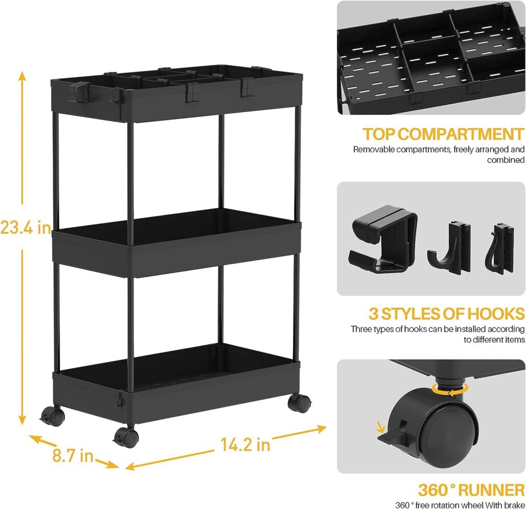 SPACELEAD 3 Tier Rolling Cart with Wheels, Storage Craft Art Cart Trolley Organizer Serving Cart, 3 Hanging Baskets Easy Assembly, for Office, Living Room, Kitchen, Black