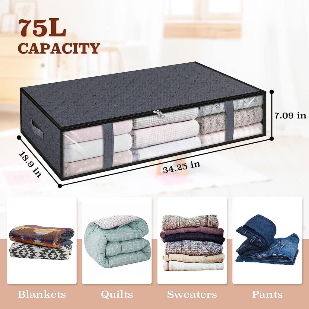 StorageRight Storage Bags, Clothes Storage,Under bed Storage Containers With Durable Handles,Large Capacity Storage Bins,Foldable Storage Organizers For Clothes,Bedding and Toys-75L/6 Pack/Grey