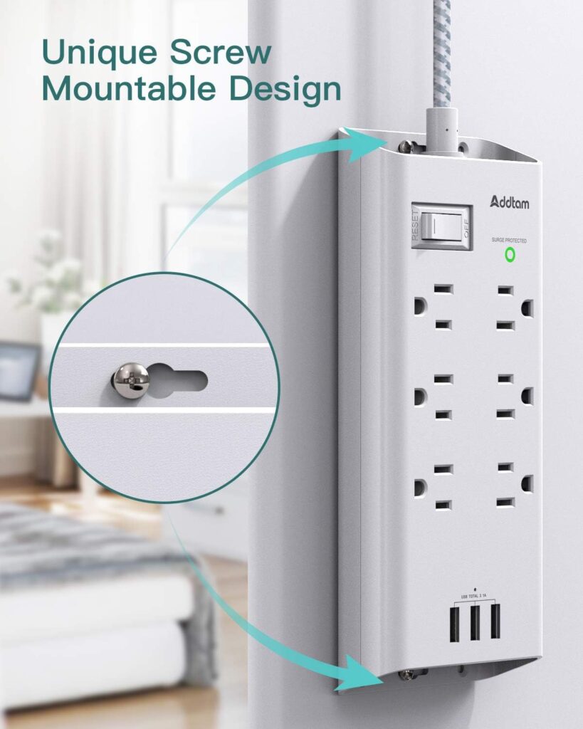 Addtam Power Strip Surge Protector 6 Outlets and 3 USB Ports 5Ft Long Extension Cord, Flat Plug Overload Surge Protection Outlet Strip, Wall Mount for Home, Office and Dorm : Electronics