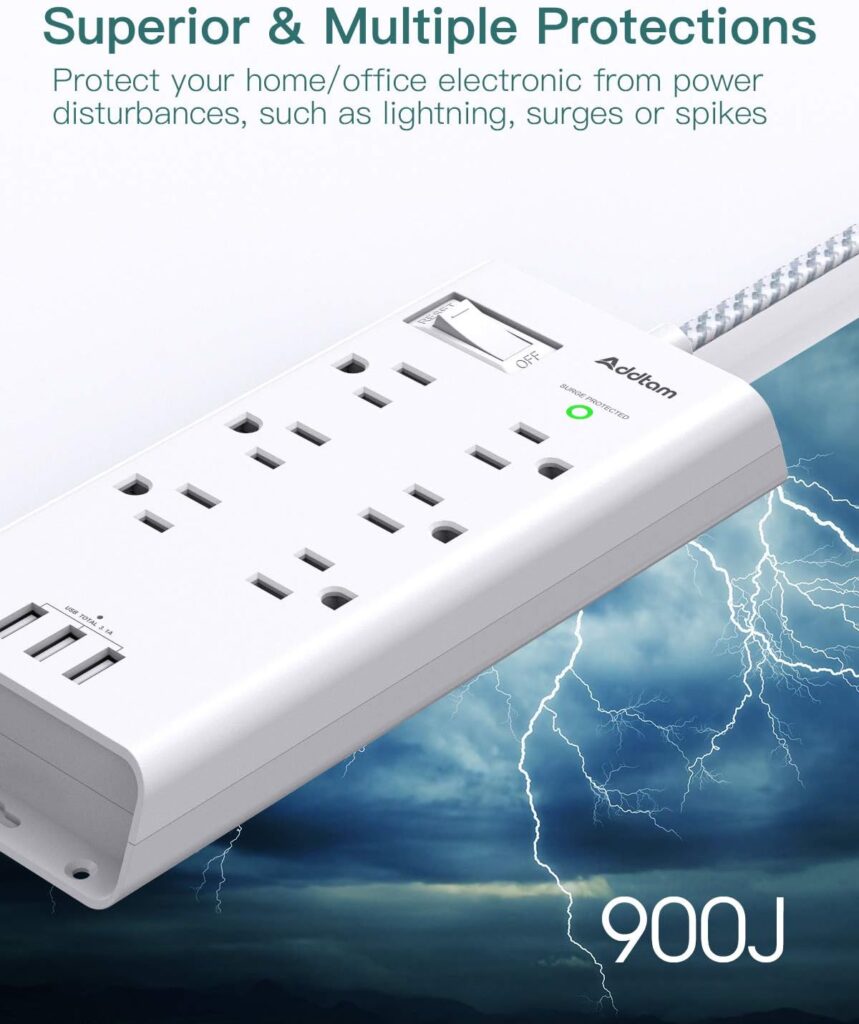 Addtam Power Strip Surge Protector 6 Outlets and 3 USB Ports 5Ft Long Extension Cord, Flat Plug Overload Surge Protection Outlet Strip, Wall Mount for Home, Office and Dorm : Electronics