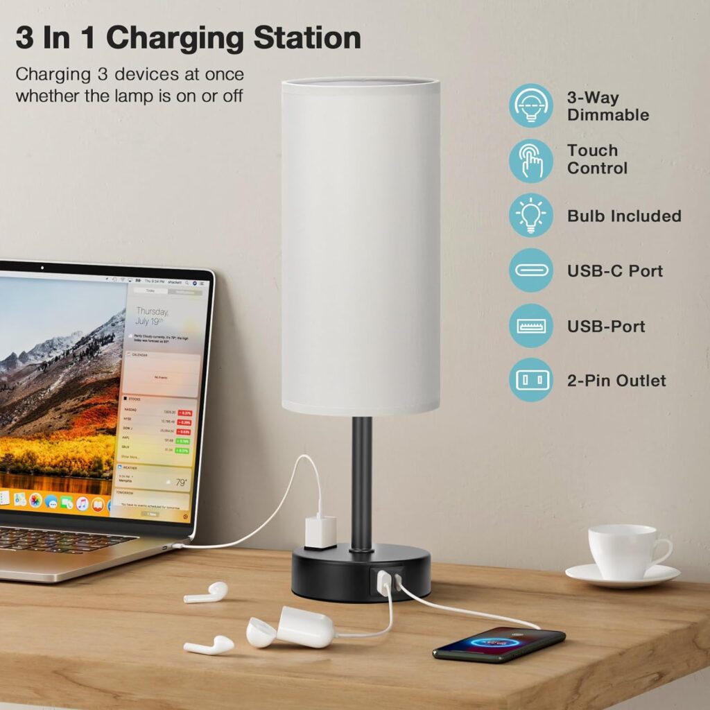 Bedside Table Lamp for Bedroom Nightstand - 3 Way Dimmable Touch Lamp USB C Charging Ports and AC Outlet, Small Lamp Wood Base Round Flaxen Fabric Shade for Living Room, Office Desk, LED Bulb Included