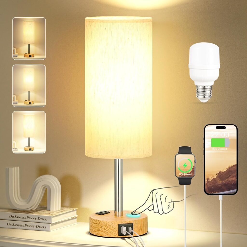 Bedside Table Lamp for Bedroom Nightstand - 3 Way Dimmable Touch Lamp USB C Charging Ports and AC Outlet, Small Lamp Wood Base Round Flaxen Fabric Shade for Living Room, Office Desk, LED Bulb Included