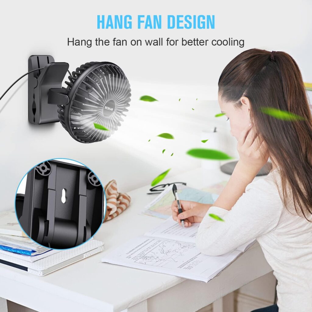 BESKAR Small Clip on Fan, 3 Speeds USB Fan with Strong Airflow, Clip  Desk Fan USB Plug in with Sturdy Clamp - Ultra Quiet operation for Office Dorm Bedroom Stroller