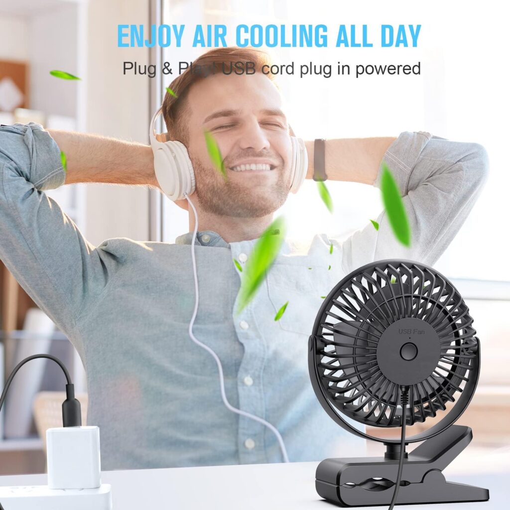 BESKAR Small Clip on Fan, 3 Speeds USB Fan with Strong Airflow, Clip  Desk Fan USB Plug in with Sturdy Clamp - Ultra Quiet operation for Office Dorm Bedroom Stroller