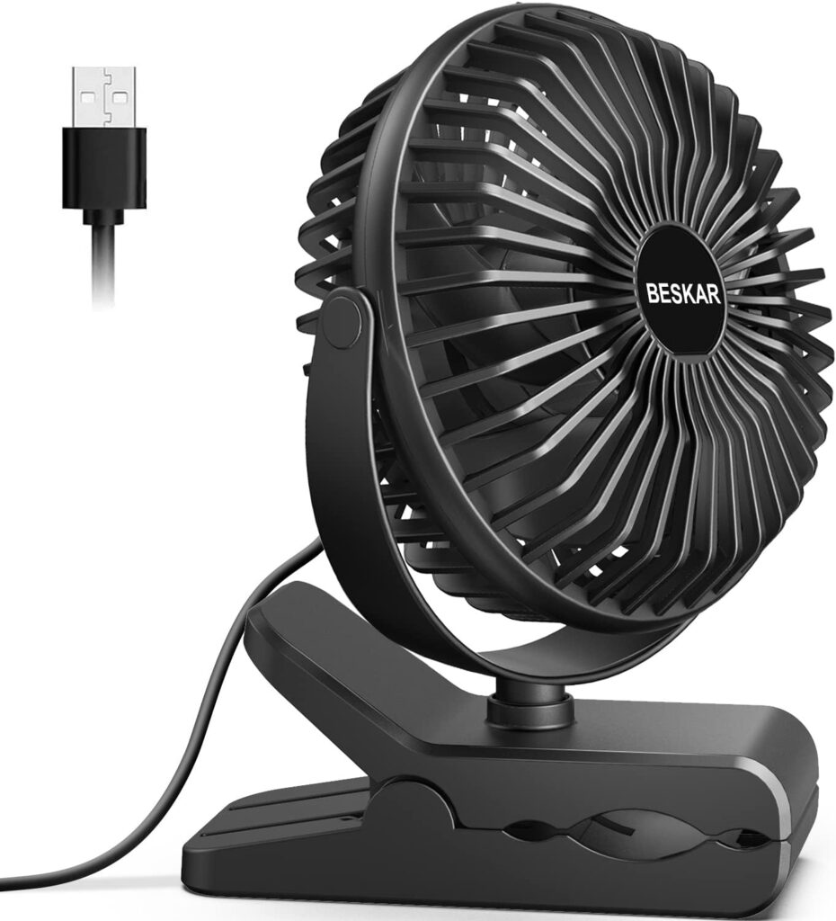 BESKAR Small Clip on Fan, 3 Speeds USB Fan with Strong Airflow, Clip  Desk Fan USB Plug in with Sturdy Clamp - Ultra Quiet operation for Office Dorm Bedroom Stroller