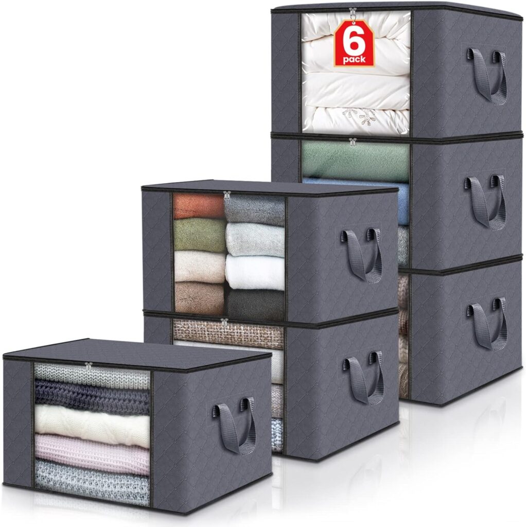 Fab totes 6 Pack Clothes Storage, Foldable Blanket Storage Bags, Storage Containers for Organizing Bedroom, Closet, Clothing, Comforter, Organization and Storage with Lids and Handle, Grey