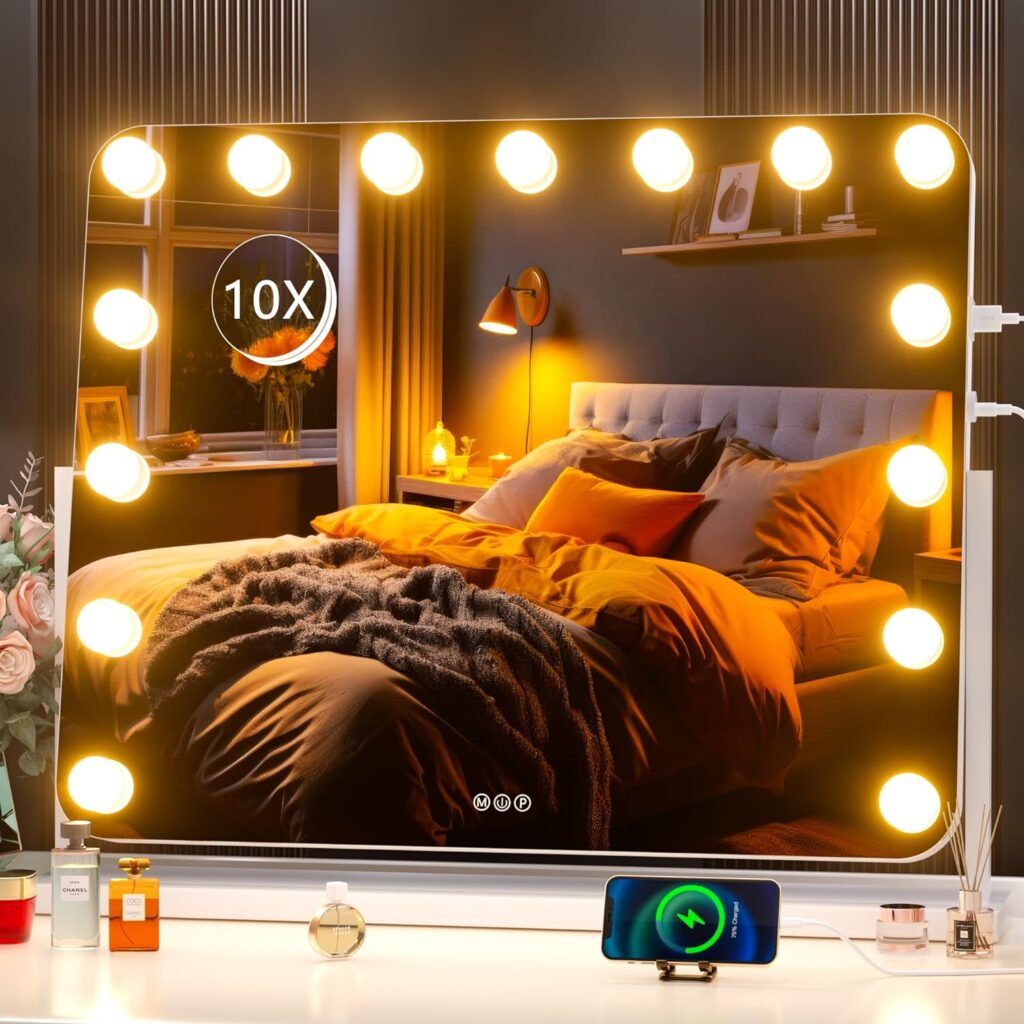 Hasipu Vanity Mirror with Lights, 22 x 18 Hollywood Lighted Makeup Mirror with 15 Dimmable Bulbs, 10X Magnification and USB Charging Port, Smart Touch 3 Colors Dimmable, 360° Rotation (Round)