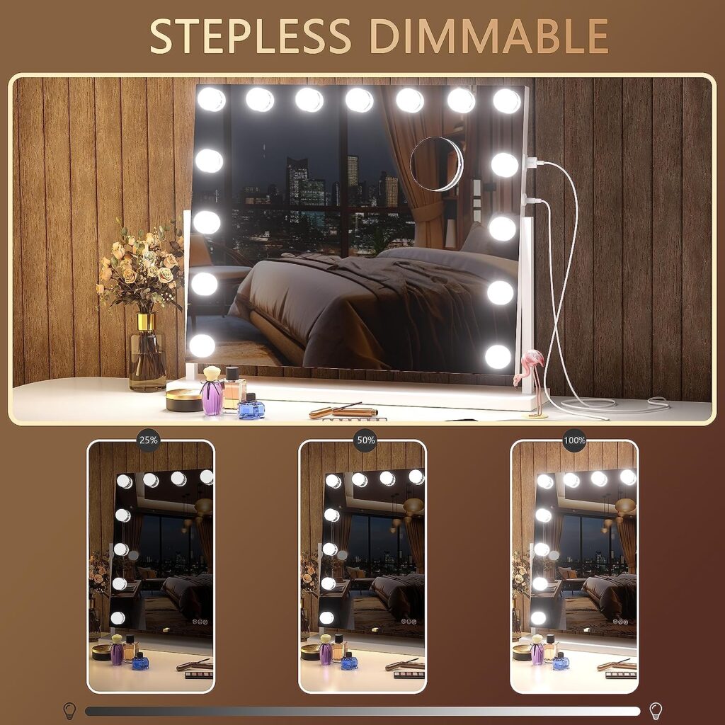 Hasipu Vanity Mirror with Lights, 22 x 18 Hollywood Lighted Makeup Mirror with 15 Dimmable Bulbs, 10X Magnification and USB Charging Port, Smart Touch 3 Colors Dimmable, 360° Rotation (Round)