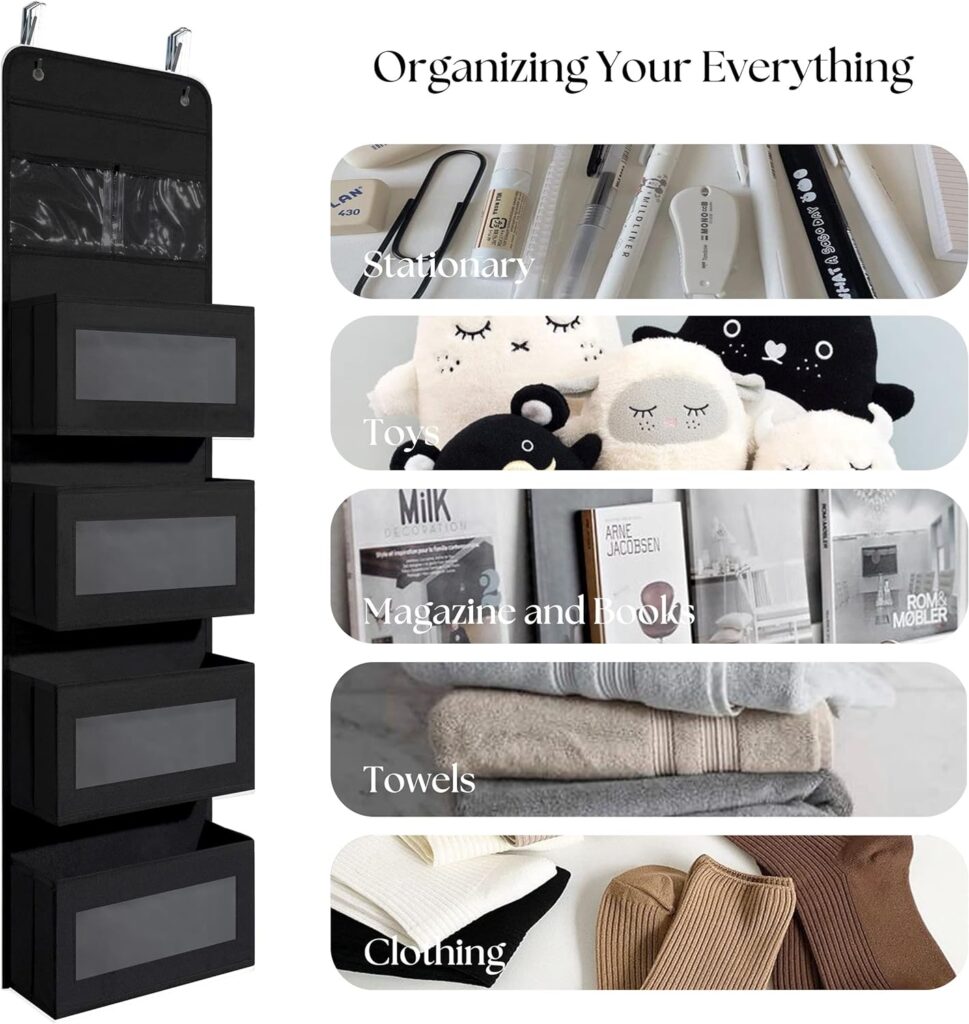 Heavy Duty Over Door Organizer, Wall Mount Hanging Organizer Storage with 4 Large Capacity Pockets, Closet Bathroom Nursery Bedroom Dorm, Toys Cosmetics Sundries and Baby Essentials, Black